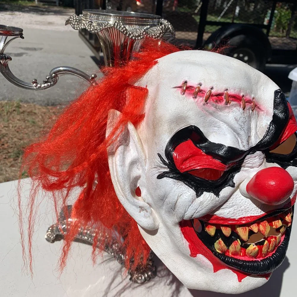 MASK -Vintage Halloween Horror Clown Scary Big Eyes W/ Red Hair Costume Stitches
